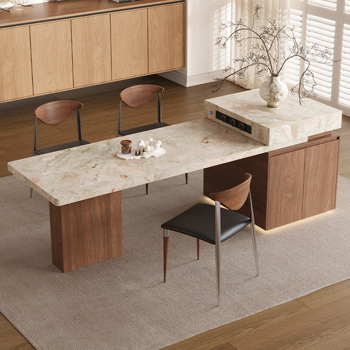 莫奈花园下挂岩板岛台餐桌一体