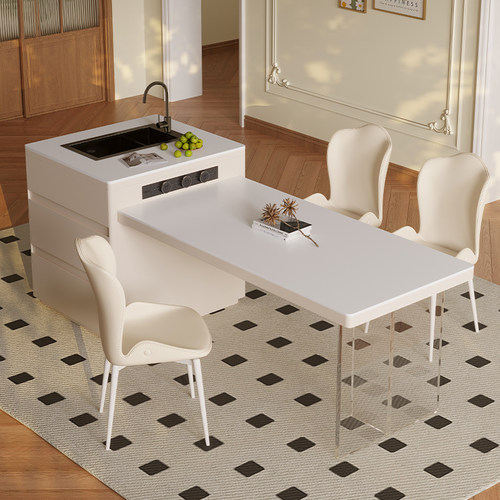 奶油风岩板岛台餐桌一体悬浮家用可伸缩小户型现代带水槽简约倒台