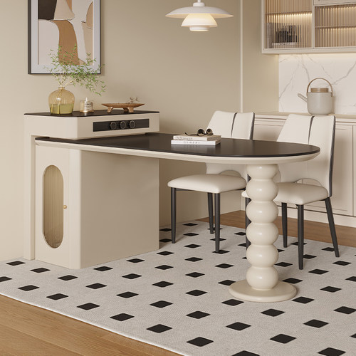 黑色岩板岛台餐桌一体可伸缩