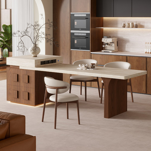 下挂岩板岛台餐桌一体伸缩中古风