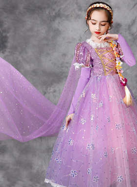 长发公主裙艾莎女童连衣裙冰雪奇缘蓬蓬裙子儿童生日表演礼服长裙