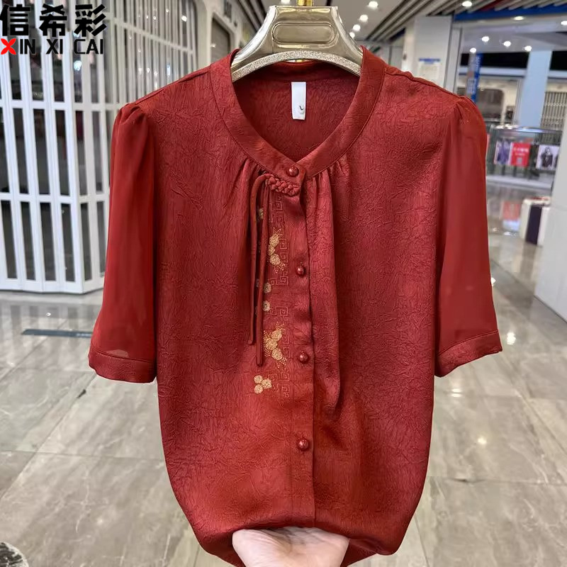 母亲节衣服妈妈装夏装短袖刺绣新中式衬衫中老年人女装高贵套装