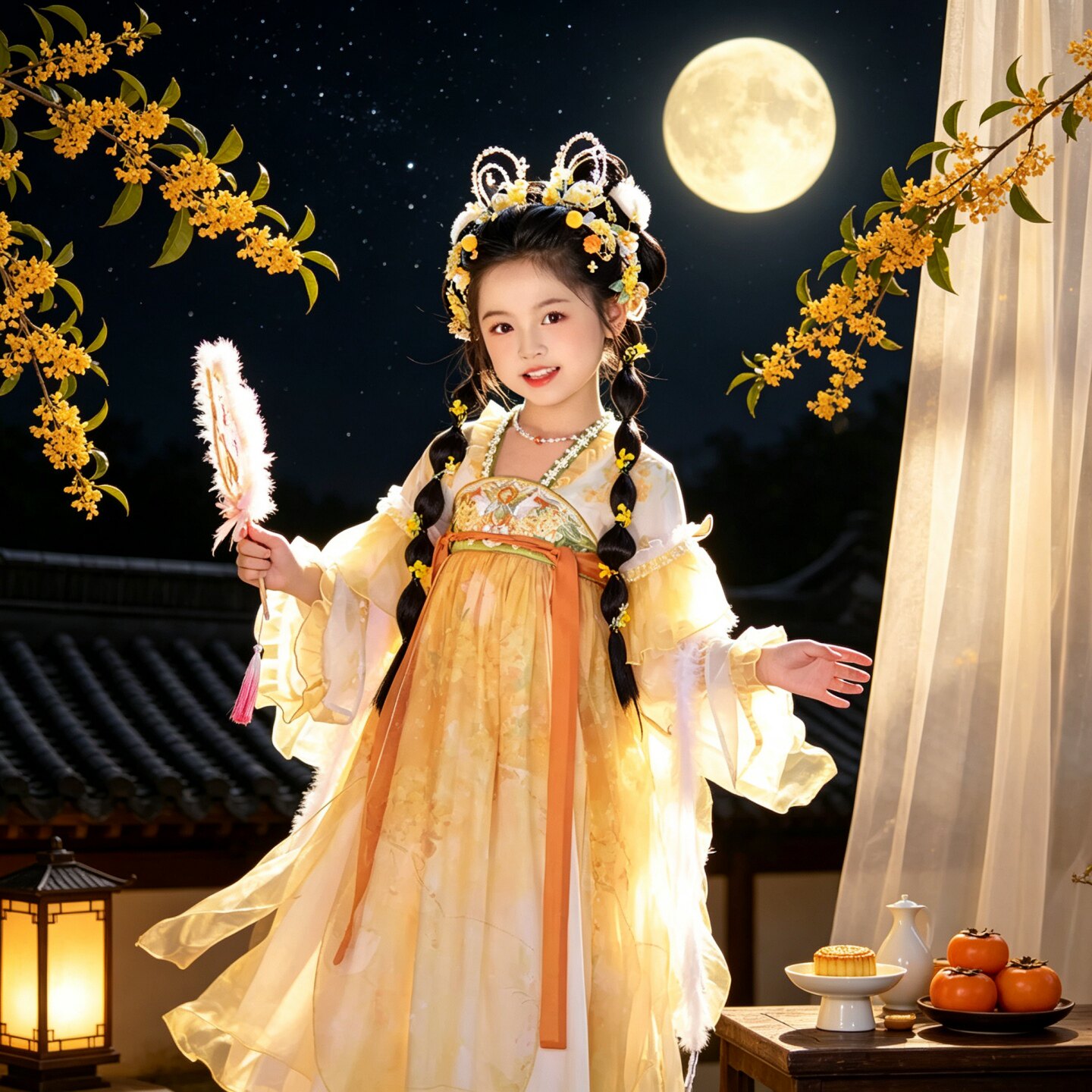 ชุดฮั่นฝูเทศกาลไหว้พระจันทร์สำหรับเด็กผู้หญิง ชุดเจ้าหญิงเทพธิดาสไตล์โบราณสำหรับเด็กผู้หญิง ชุดเจ้าหญิงฉางเอ๋อ สไตล์ฤดูใบไม้ผลิและฤดูใบไม้ร่วง