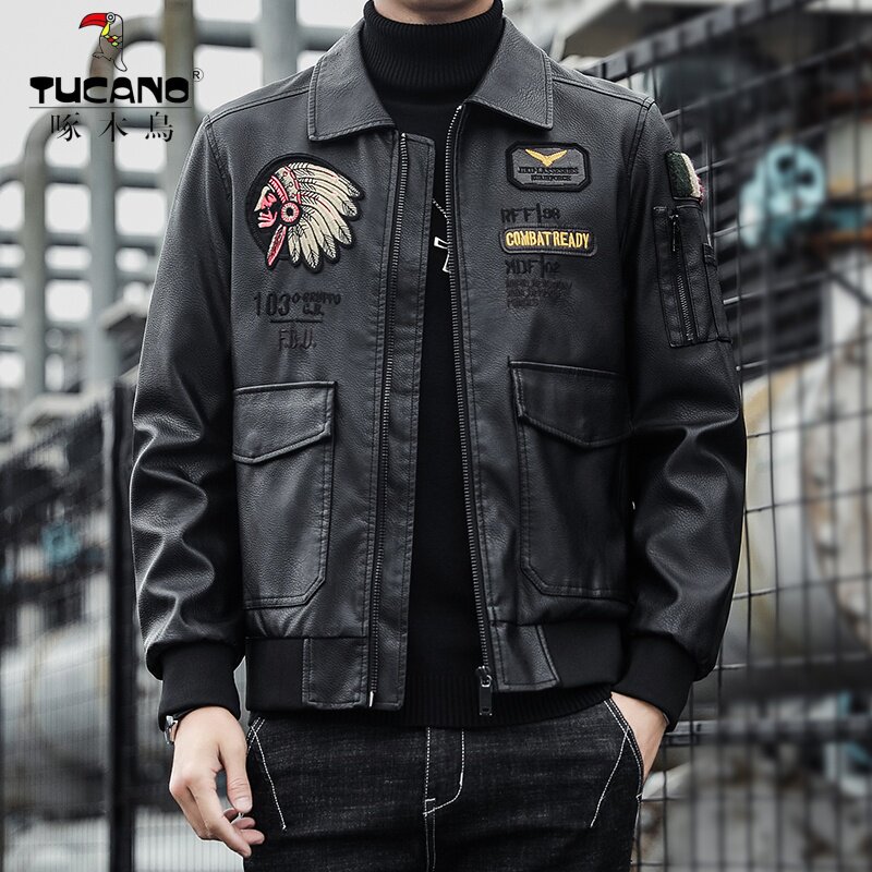 啄木鸟美式复古印第安人刺绣加绒皮衣男翻领飞行员夹克机车服外套