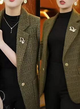 小香风外套女秋冬新款时尚百搭F超惊艳西装绿色上衣气质优雅女装