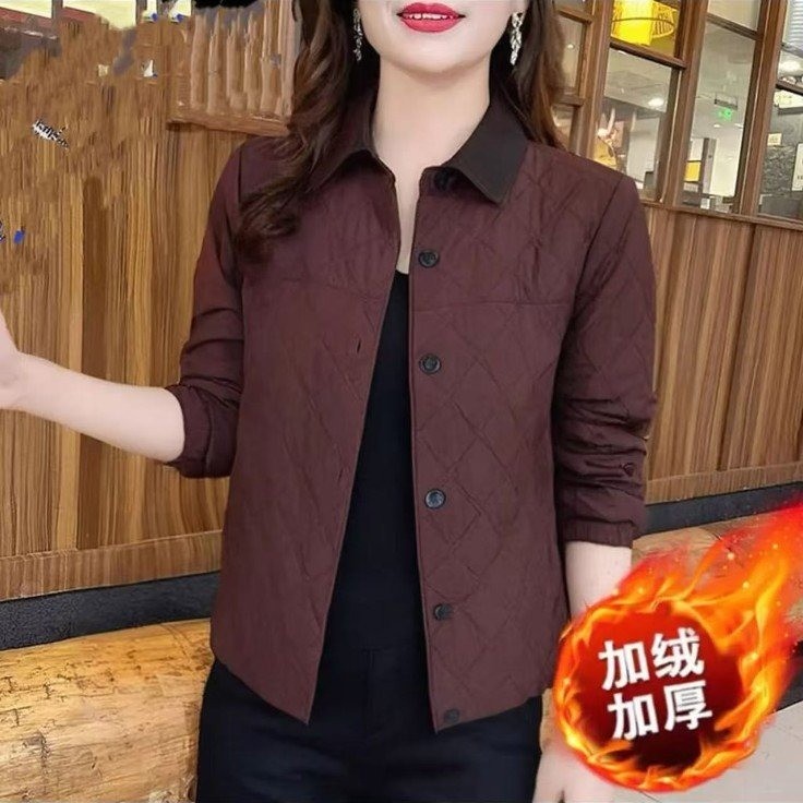 洋气妈妈装翻领加绒棉衣女秋冬新款纯色加厚棉服轻薄保暖气质外套