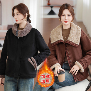 焦糖棕羊羔毛外套女短款 复古加厚保暖大翻领皮毛一体上衣 2025冬季