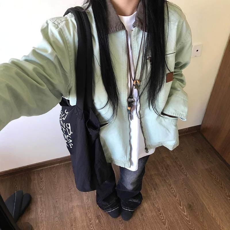 日系复古超好看翻领外套女春秋季底特律潮牌男女款工装夹克棒球服
