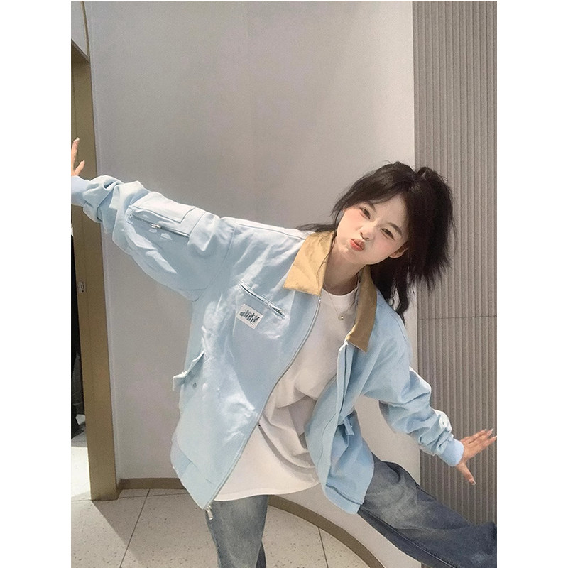 美式复古外套女春秋2025新款潮牌撞色翻领宽松情侣夹克棒球服开衫