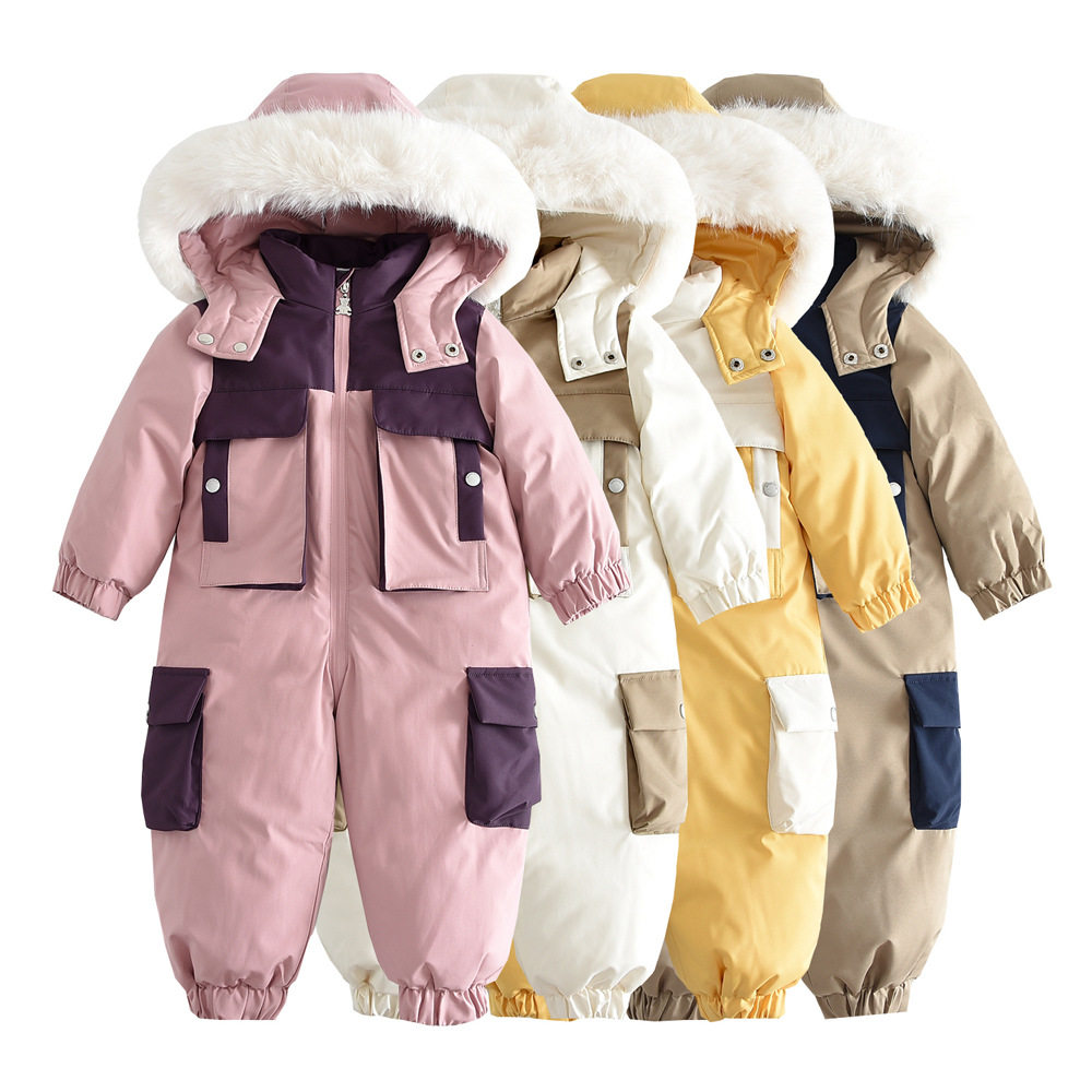 跨境专供连帽加厚儿童滑雪服外出连体衣宝宝爬服2026冬季新款童装