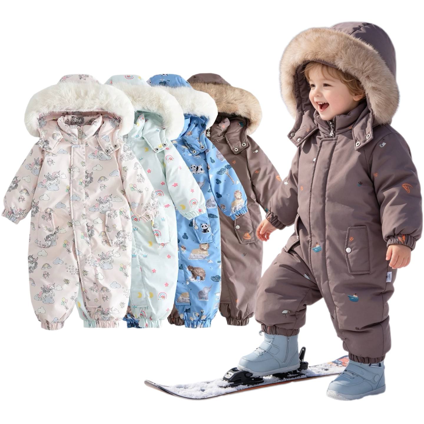 连帽印花加绒加厚儿童滑雪服宝宝小童外出服2026冬季新款童装爬服