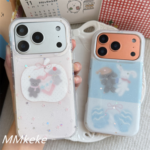 治愈粉蓝兔子小狗双层手机壳