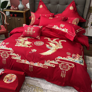 传统中式 刺绣龙凤结婚庆全棉四件套100S纯棉红陪嫁床上喜被套床单