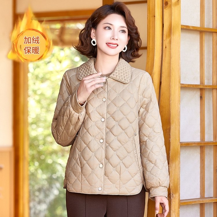 小个子妈妈洋气轻薄棉服中年女秋冬装短款棉袄中老年加绒棉衣外套