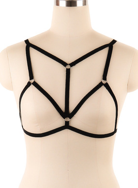 黑色交叉绑带百搭挂脖钢管舞者专用线条上衣  镂空花纹弹力文胸女
