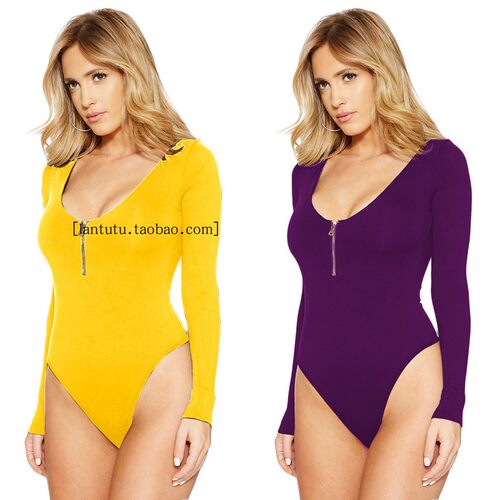 春秋糖果色长袖圆领性感带拉链收腰修身连体衣 打底弹力衫 多色选