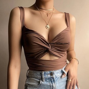 多色选 V领露背性感小背心 ins扭结弹力低领系带短款 镂空吊带衫