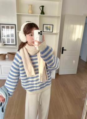 忠犬小八 浪花杏蓝条纹圆领保暖毛衣针织衫2026秋女上衣