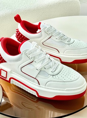 欧洲站cl男鞋铆钉新款红底鞋男士厚底运动休闲板鞋真皮系带一脚蹬