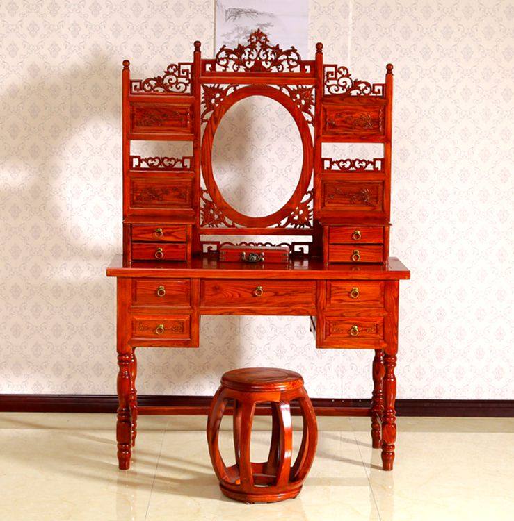老榆木中式明清仿古典古代红花梨实木梳妆台化妆台复古雕花家具