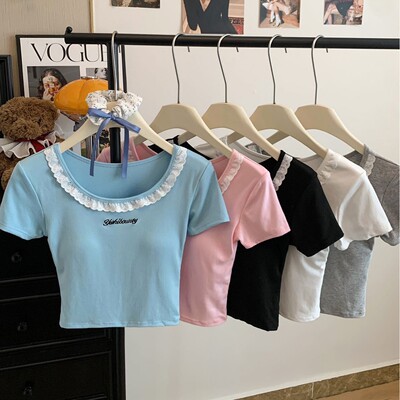 1925#新款多巴胺色系撞色蕾丝花边性感辣妹短袖自带胸垫舒适上衣