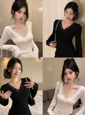 66045#新款显瘦纯欲辣妹保暖秋冬修身新款T恤蕾丝拼接打底长袖