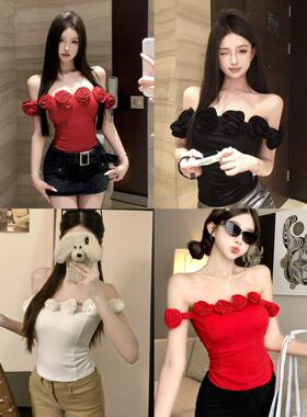 66030重工立体花朵拼接设计一字领女夏季气质性感甜辣风百搭上衣