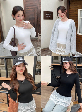 66046#新款复古温柔风甜美感蕾丝花边内搭叠穿打底衫女长袖百搭