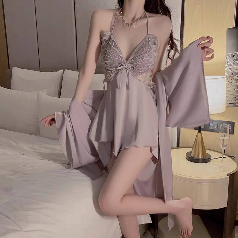 冰丝性感睡衣女露背蝴蝶吊带超短裙带胸垫两件套显瘦镂空2025新款