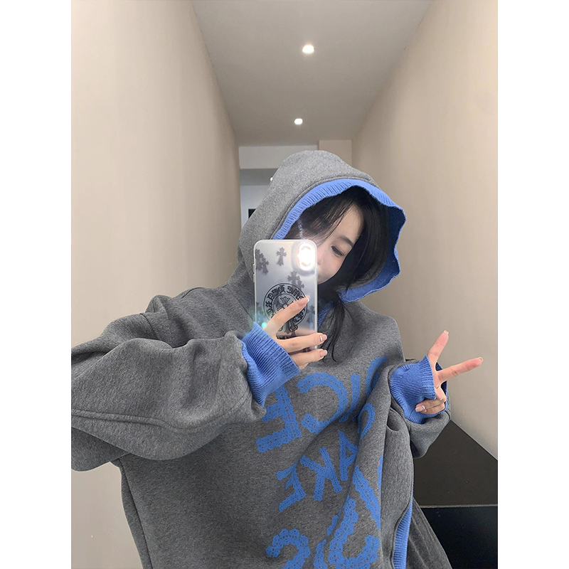 美式复古松弛感针织拼接春秋冬加绒加厚连帽卫衣女宽松慵懒外套