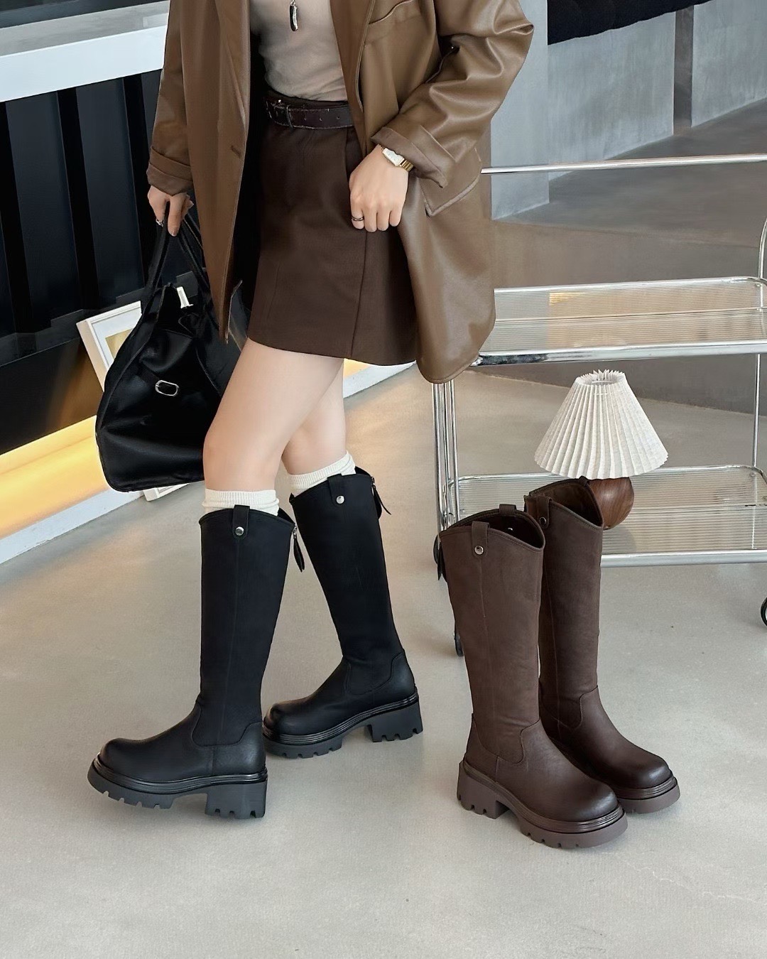 N62025冬季新款女鞋高靴皮面加绒保暖休闲女时尚长筒靴女