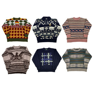 古着vintage复古日系宽松撞色波普图案毛衣针织衫 男女秋冬H170