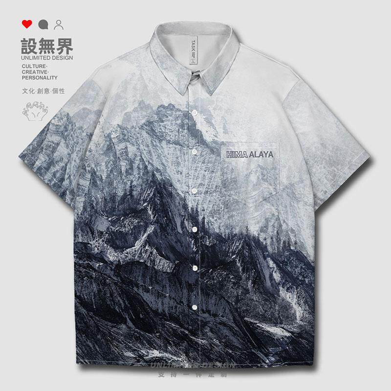 ins雪山印花男女国潮短袖衬衫