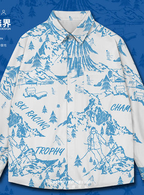 日系雪山滑雪手绘插画文艺长袖衬衫男女潮牌服装衬衣000G设 无界