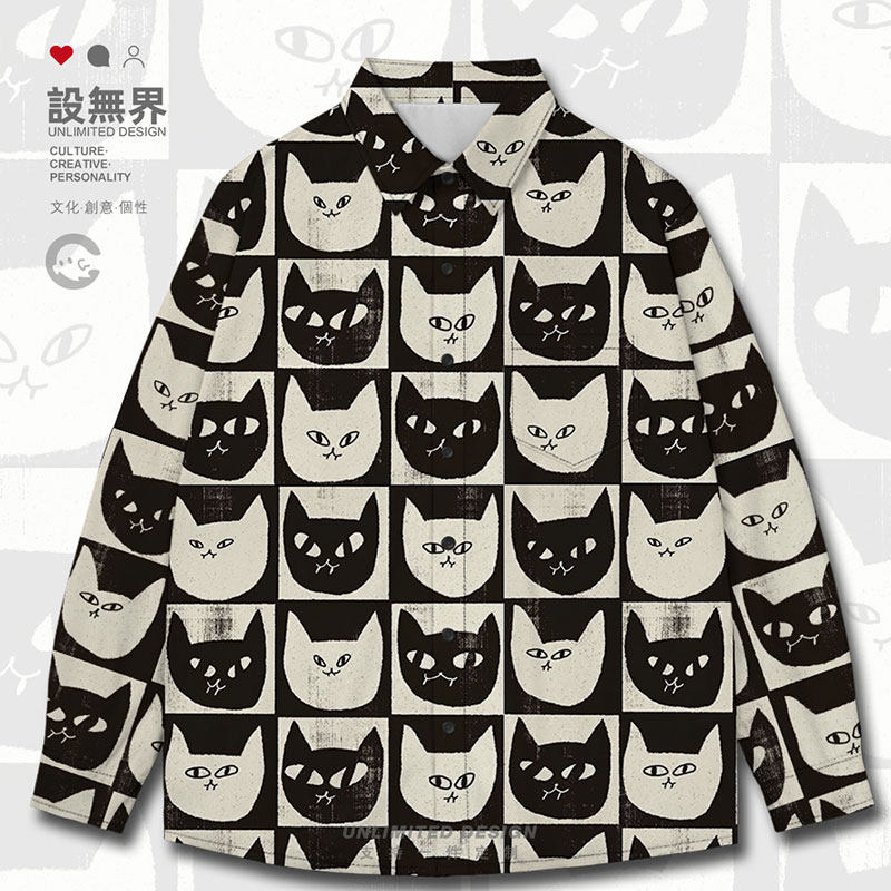 棋盘格子猫咪慵懒搞怪黑长袖衬衫