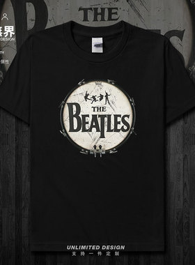 披头士摇滚乐队架子鼓周边短袖T恤男女欧美风运动服夏0015设 无界