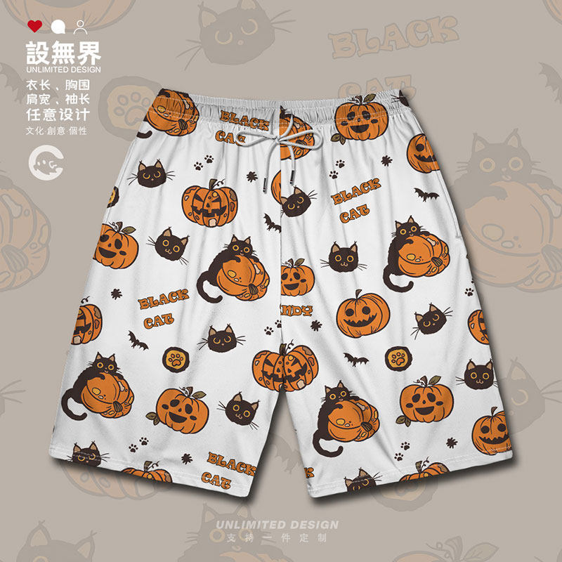 卡通狂欢万圣节黑猫猫咪运动短裤
