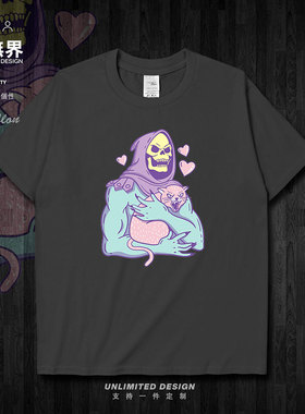 模仿大师骷髅可爱猫咪纯棉短袖T恤漫画男女夏衣服宽松0002设 无界