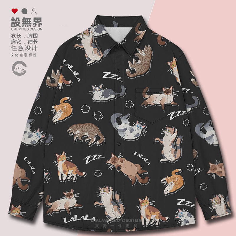 日系复古慵懒猫咪家族可长袖衬衫