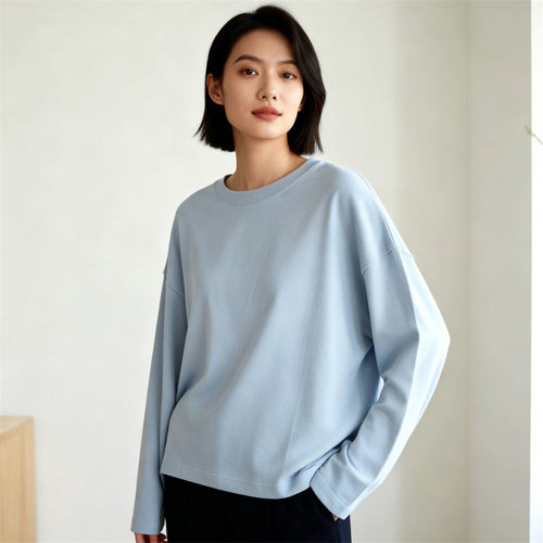 马卡龙色简约风圆领长袖T恤女宽松百搭休闲上衣极简基础款