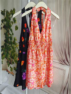 出口美国 夏季女性感露背 山茶花玫瑰绉纱连衣裙大码轻盈