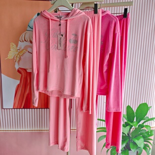 多巴胺风粉色连帽休闲套装女春秋长袖家居服柔软运动套装
