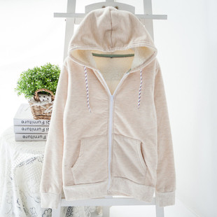 日系简约外贸原单女装秋冬厚实羊羔绒柔软保暖连帽长袖卫衣外套1