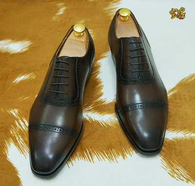 商务风棕色手工法国小牛皮正装鞋