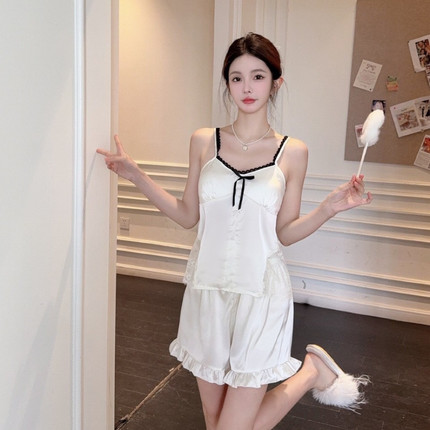 法式花边蕾丝吊带胸垫睡衣少女夏季薄款甜美冰丝绸家居服两件套装