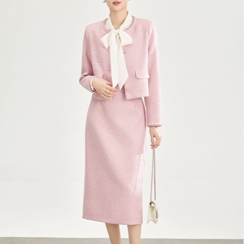 初春粉色仪式千金感亮丝编织粗花呢小香风外套+亮片半裙套装南油