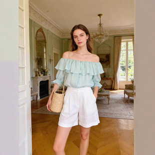 南油苎麻法式一字肩荷叶边衬衫女2026夏季清新薄荷绿宽松露肩上衣