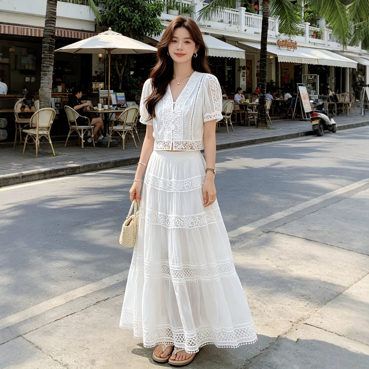 夏季法式蕾丝V领蛋糕裙套装女