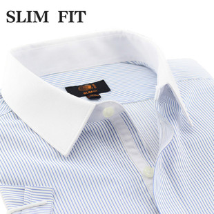 短袖衬衫2000修身收腰商务休闲正装微领浅蓝条纹撞色白领男衬衣