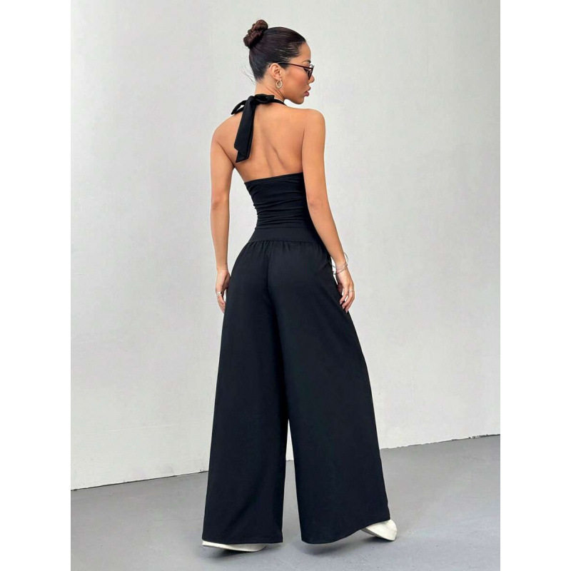 ladies halter Bandeau cinch wide leg jumpsuit 裹胸吊脖阔腿裤